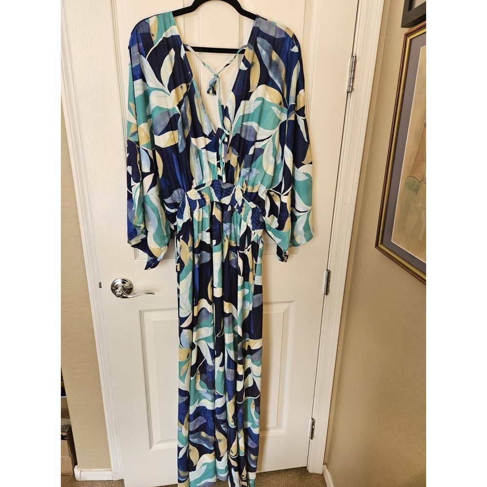 NWT Fashion Nova V-Neck Kimono Sleeves Smocked Waist Chiffon Maxi Dress, Plus 3X - Picture 9 of 12